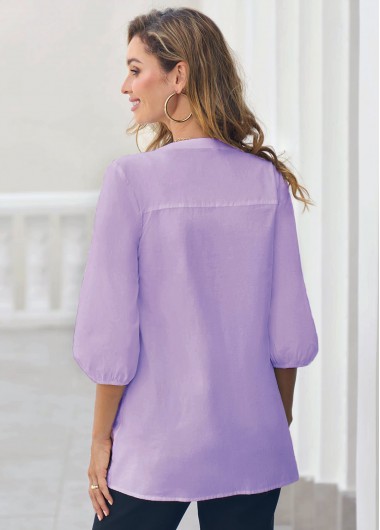 Light Purple tops,Plain Color tops,ROTITA Light Purple Hollow Embroidery Crinkle Chest Blouse