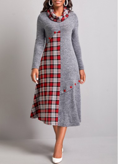 Dark Grey dresses,Plaid dresses,ROTITA Button Tartan Print Dark Grey Dress