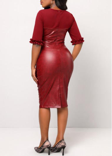 Wine Red dresses,Plain Color dresses,ROTITA Wine Red Frill Half Sleeve Button Dress