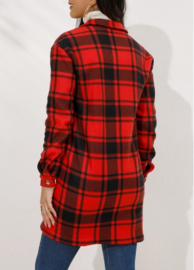 Red outerwear & coats,Plaid outerwear & coats,Button Plaid Red Turn Down Collar Coat