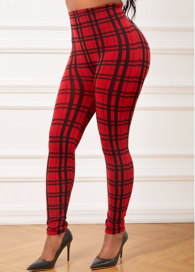 Red bottoms,Plaid bottoms,Plaid Red High Waisted Elastic Waist Leggings