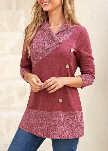 Dark Reddish Purple tops,Plain Color tops,ROTITA Button Dark Reddish Purple V Neck Sweatshirt