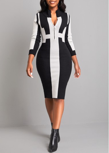 Black dresses,Contrast Color dresses,ROTITA Zipper Black High Neck Long Sleeve Sweater Dress