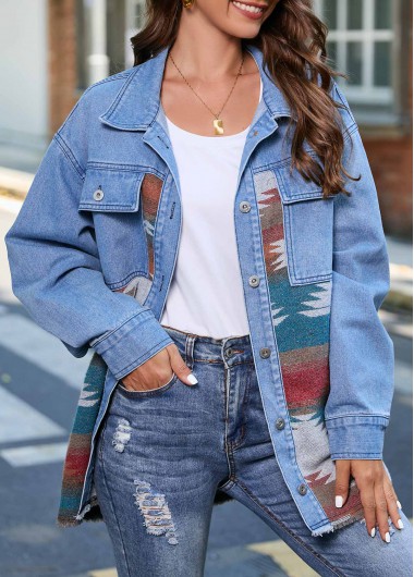 Denim Blue outerwear & coats,Tribal outerwear & coats,Geometric outerwear & coats,Grommet Tribal Print Denim Blue Shirt Collar Jacket