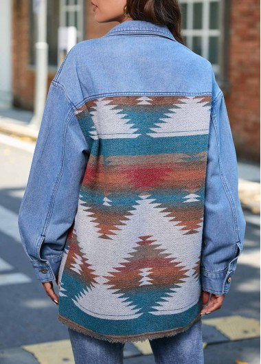 Denim Blue outerwear & coats,Tribal outerwear & coats,Geometric outerwear & coats,Grommet Tribal Print Denim Blue Shirt Collar Jacket