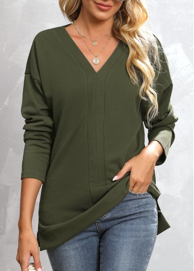 Green tops,Plain Color tops,Green V Neck Long Sleeve Sweatshirt