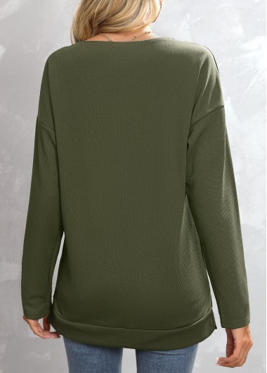 Green tops,Plain Color tops,Green V Neck Long Sleeve Sweatshirt