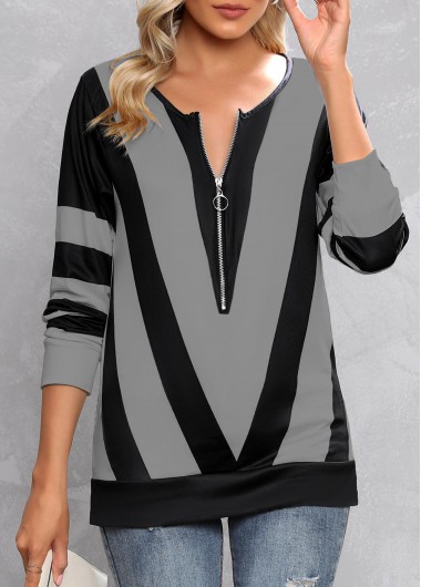 Grey tops,Contrast Color tops,ROTITA Zipper Contrast Color Grey Split Neck T Shirt