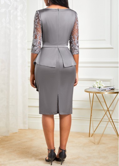 Grey dresses,Plain Color dresses,ROTITA Lace Stitching Peplum Waist Grey Flounce Dress