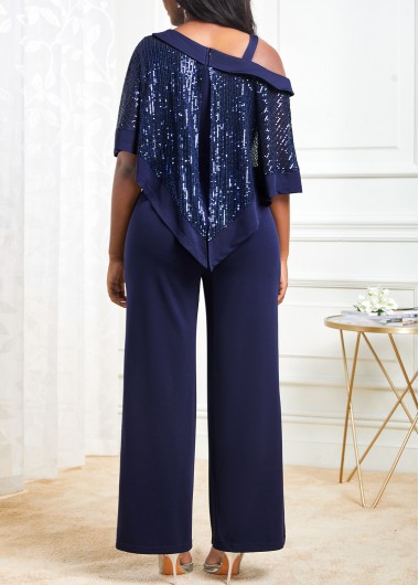 Navy jumpsuits&rompers,Plain Color jumpsuits&rompers,ROTITA Navy Cold Shoulder Sequin Asymmetric Hem Jumpsuit