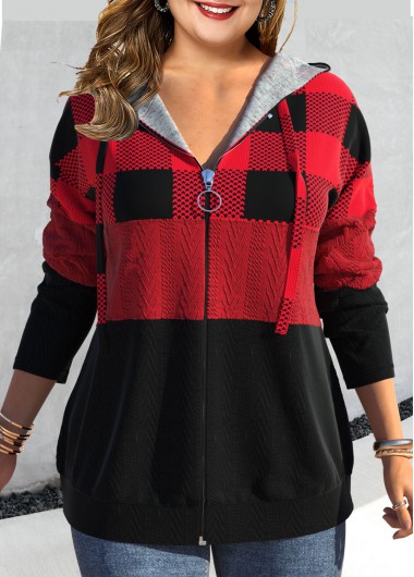 Red plus size,Plaid plus size,ROTITA Plus Size Zipper Tartan Print Red Long Sleeve Hoodie