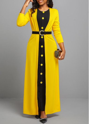 Yellow dresses,Contrast Color dresses,ROTITA Button Dress and Yellow Long Sleeve Cardigan