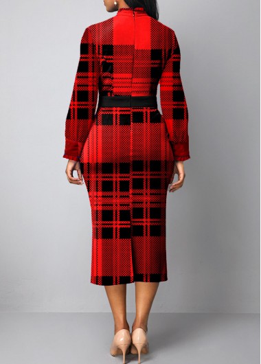Red dresses,Plaid dresses,ROTITA Frill Tartan Print Red Midi Bodycon Dress