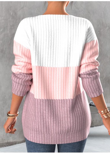 Light Pink tops,Contrast Color tops,ROTITA Zipper Contrast Light Pink Round Neck Sweatshirt