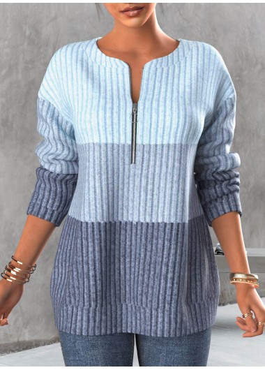 Light Blue plus size,Contrast Color plus size,ROTITA Plus Size Zipper Contrast Light Blue Round Neck Sweatshirt