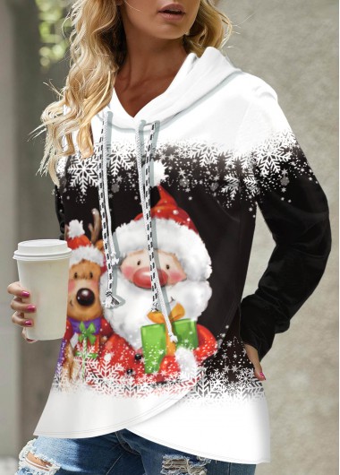 Black tops,Christmas tops,ROTITA Lace Christmas Print Black Long Sleeve Hoodie