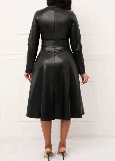Black dresses,Plain Color dresses,ROTITA Faux Leather Black Belted Boat Neck Dress