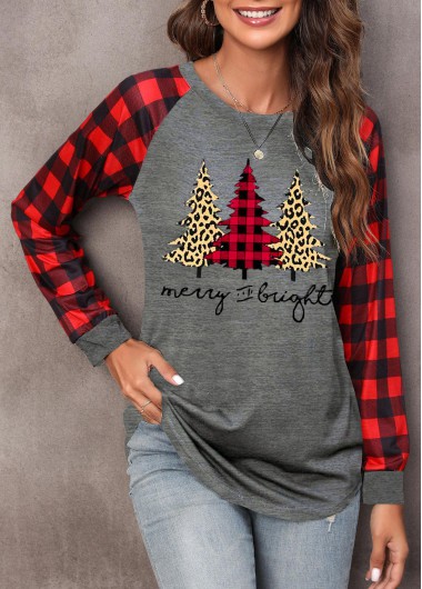 Red tops,Christmas tops,Letter tops,Plaid tops,Long Sleeve Red Christmas Tree Print Sweatshirt