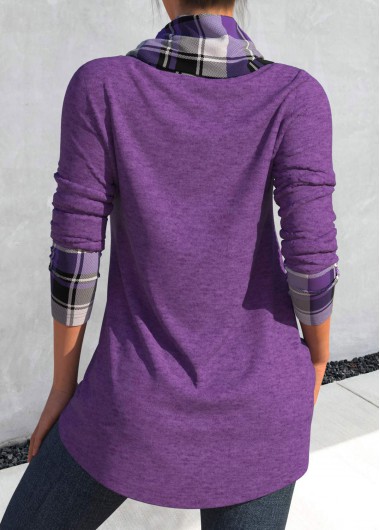 Dusty Purple tops,Plaid tops,ROTITA Cross Hem Tartan Print Dusty Purple Sweatshirt