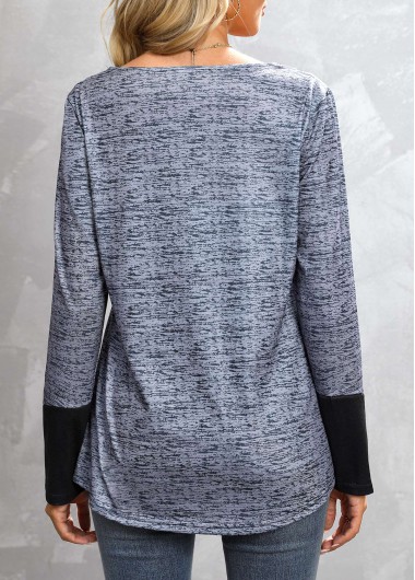 Dark Grey Marl tops,Contrast Color tops,Button Dark Grey Marl Square Neck T Shirt