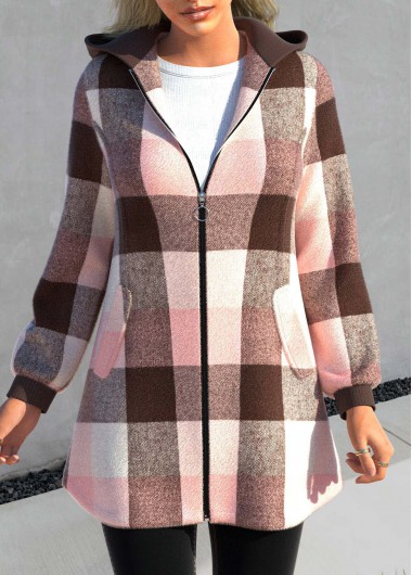Pink outerwear & coats,Plaid outerwear & coats,ROTITA Zipper Tartan Print Pink Hooded Long Sleeve Jacket