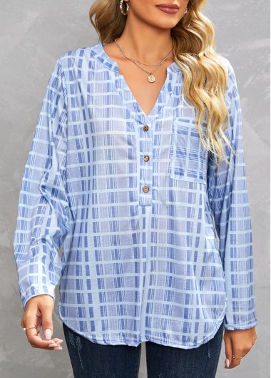 Dusty Blue tops,Plaid tops,Geometric tops,Striped tops,Pocket Plaid Dusty Blue Split Neck Blouse