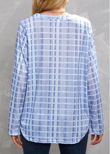 Dusty Blue tops,Plaid tops,Geometric tops,Striped tops,Pocket Plaid Dusty Blue Split Neck Blouse