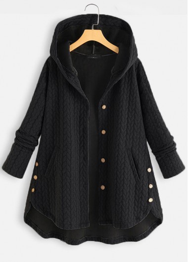Black outerwear & coats,Plain Color outerwear & coats,Pocket Black Hooded Long Sleeve Coat
