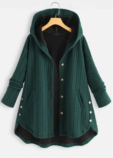 Blackish Green outerwear & coats,Plain Color outerwear & coats,Blackish Green Pocket Hooded Long Sleeve Coat
