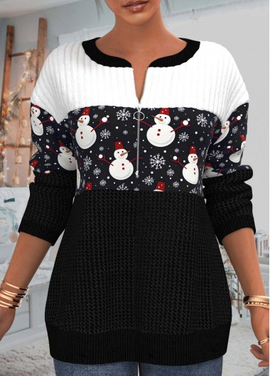 Black tops,Christmas tops,ROTITA Patchwork Snowman Print Black Christmas Round Neck Sweatshirt