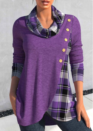 Dusty Purple plus size,Plaid plus size,ROTITA Plus Size Cross Hem Tartan Print Dusty Purple Sweatshirt