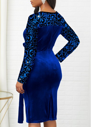 Royal Blue dresses,Plants dresses,ROTITA Long Sleeve Sapphire Blue Velvet Bodycon Dress