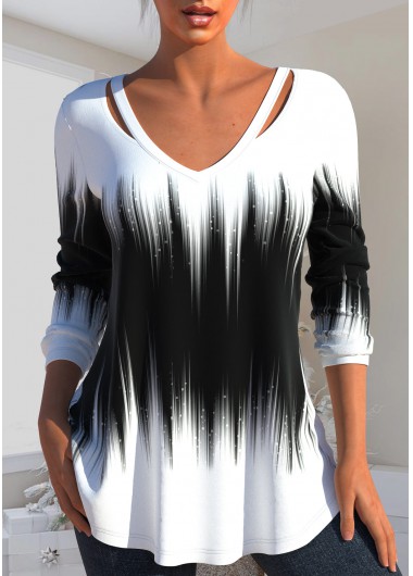 Black plus size,Ombre plus size,ROTITA Plus Size Cut Out Ombre Black V Neck T Shirt