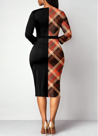 Black dresses,Plaid dresses,ROTITA Surplice Plaid Black Belted V Neck Bodycon Dress