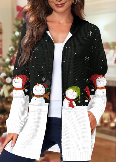 Black outerwear & coats,Christmas outerwear & coats,ROTITA Pocket Christmas Snowman Print Black Hooded Long Sleeve Coat