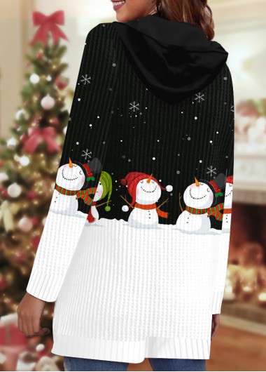 Black outerwear & coats,Christmas outerwear & coats,ROTITA Pocket Christmas Snowman Print Black Hooded Long Sleeve Coat