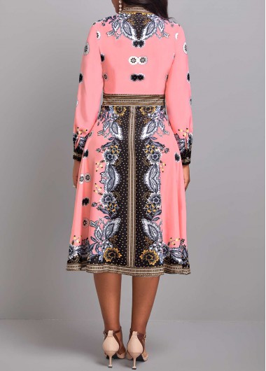 Pink dresses,Floral dresses,Dot dresses,Tribal dresses,ROTITA Umbrella Hem Floral Print Pink Shirt Collar Dress