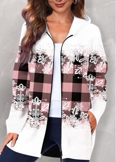 Pink outerwear & coats,Plaid outerwear & coats,ROTITA Pocket Plaid Pink Hooded Long Sleeve Coat