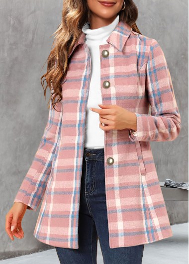 Pink outerwear & coats,Plaid outerwear & coats,ROTITA Pocket Plaid Pink Shirt Collar Long Sleeve Coat