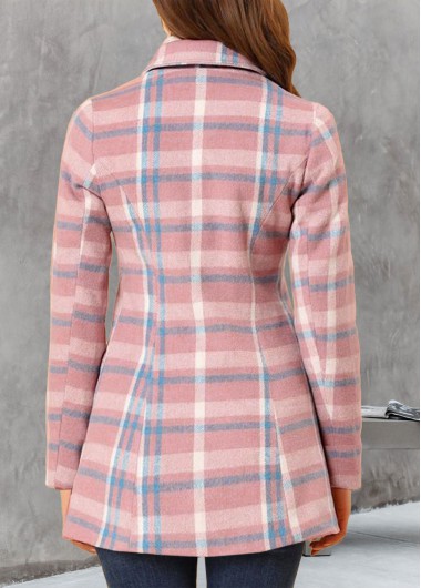 Pink outerwear & coats,Plaid outerwear & coats,ROTITA Pocket Plaid Pink Shirt Collar Long Sleeve Coat