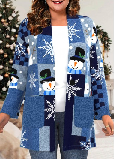 Blue plus size,Christmas plus size,ROTITA Plus Size Long Sleeve Blue Pocket Christmas Snowman Print Coat