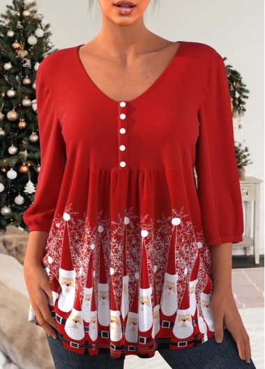 Red plus size,Contrast Color plus size,ROTITA Plus Size Red Button Christmas Santa Claus Print Blouse