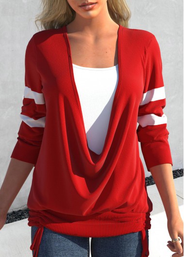 Red tops,Contrast Color tops,ROTITA Fake 2in1 Red Square Neck T Shirt