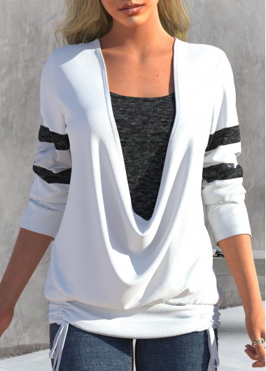 White tops,Contrast Color tops,ROTITA Tie Side White Faux Two Piece T Shirt