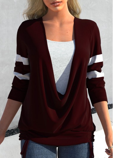 Deep Red tops,Contrast Color tops,ROTITA Tie Side Deep Red Faux Two Piece T Shirt