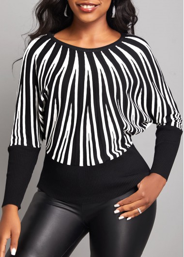 White tops,Geometric tops,Geometric Print White Round Neck Long Sleeve Sweater