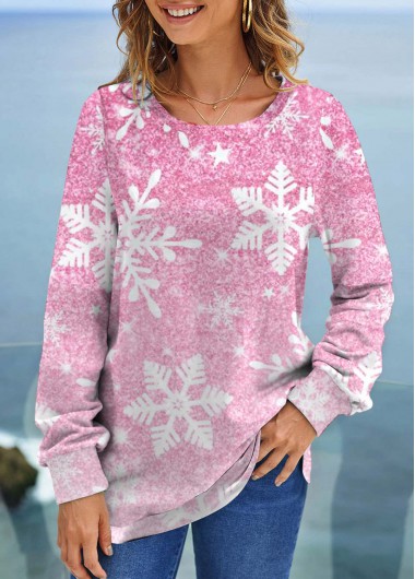 White tops,Christmas tops,Snowflake Print White Round Neck Long Sleeve Sweatshirt