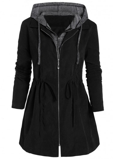 Black plus size,Contrast Color plus size,Plus Size Drawstring Black Hooded Long Sleeve Coat