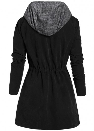 Black plus size,Contrast Color plus size,Plus Size Drawstring Black Hooded Long Sleeve Coat