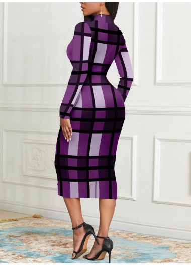 Dark Purple dresses,Plaid dresses,ROTITA Long Sleeve Purple Zipper Plaid Bodycon Dress